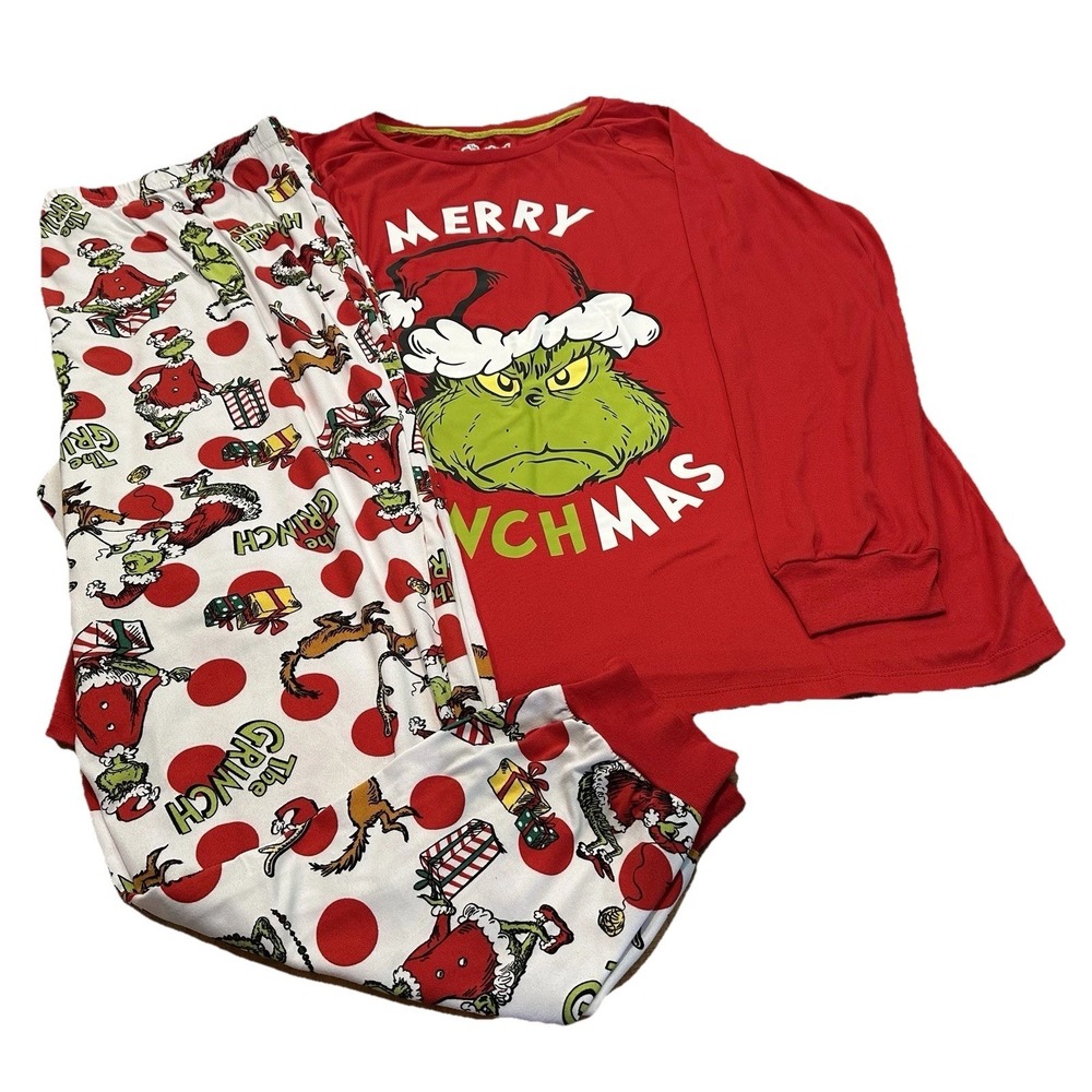 The Grinch Christmas Pajamas Set Red Grinch Face Holiday Loungewear Size XL